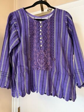 Handmade Boho Purple Embroidered Peplum Top Scalloped Hem Artisan Blouse
Small